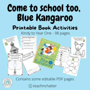 Come to school too, blue kangaroo book activities worksheet pack