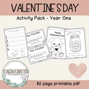Valentine's Day worksheet activity pack for Year One students.